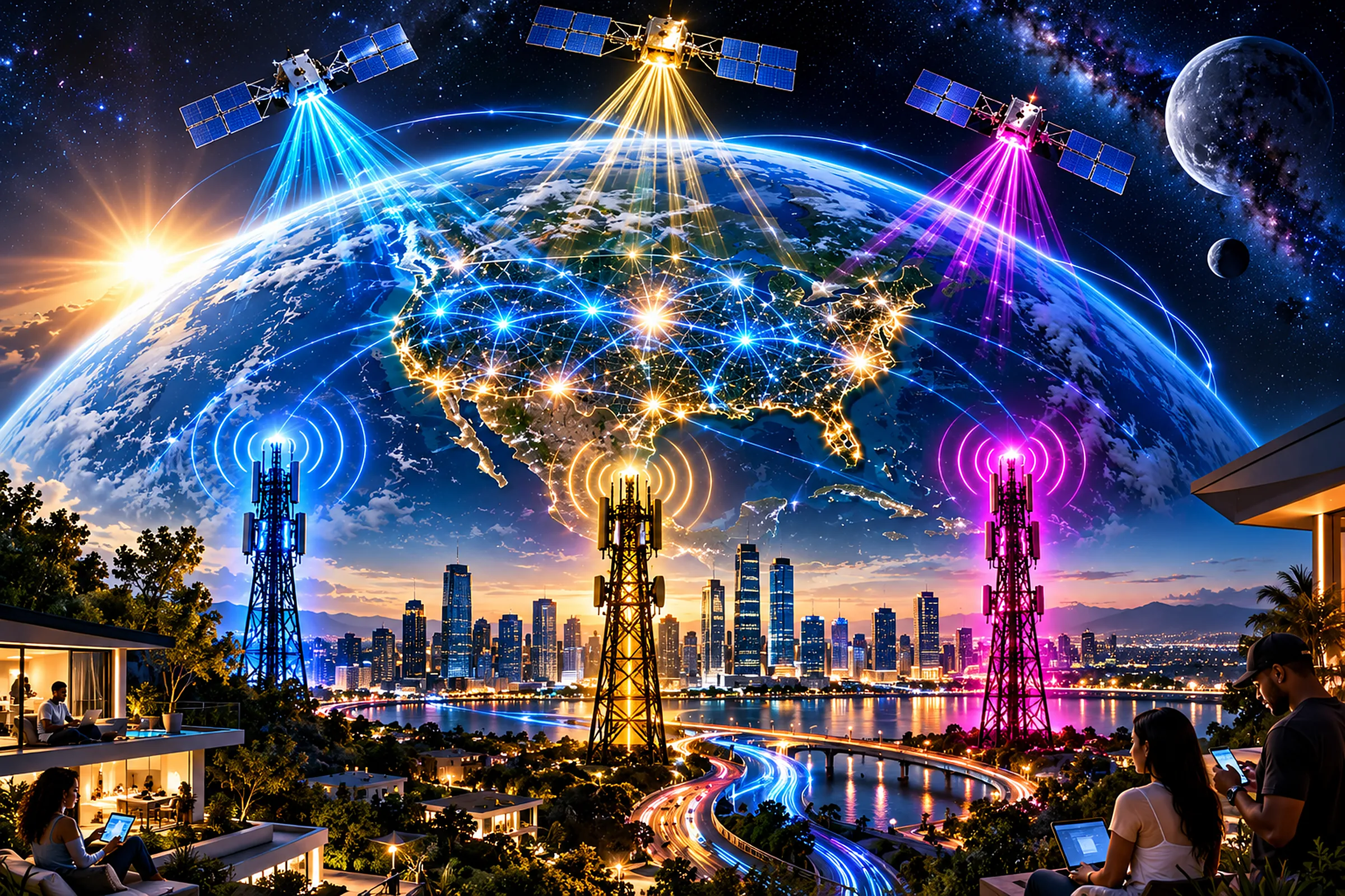 Three satellites beaming blue, gold and magenta light onto a lit map of the United States, three towers in the same colours over a city at dusk, and people on their balconies using laptops, tablets and phones.