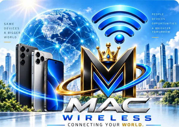 Three phones beside the Mac Wireless globe and crowned M over a sunlit city — bring your own device
