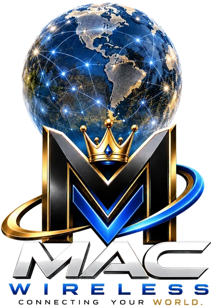 Mac Wireless logo — a crowned M holding a connected globe above the MAC WIRELESS wordmark.